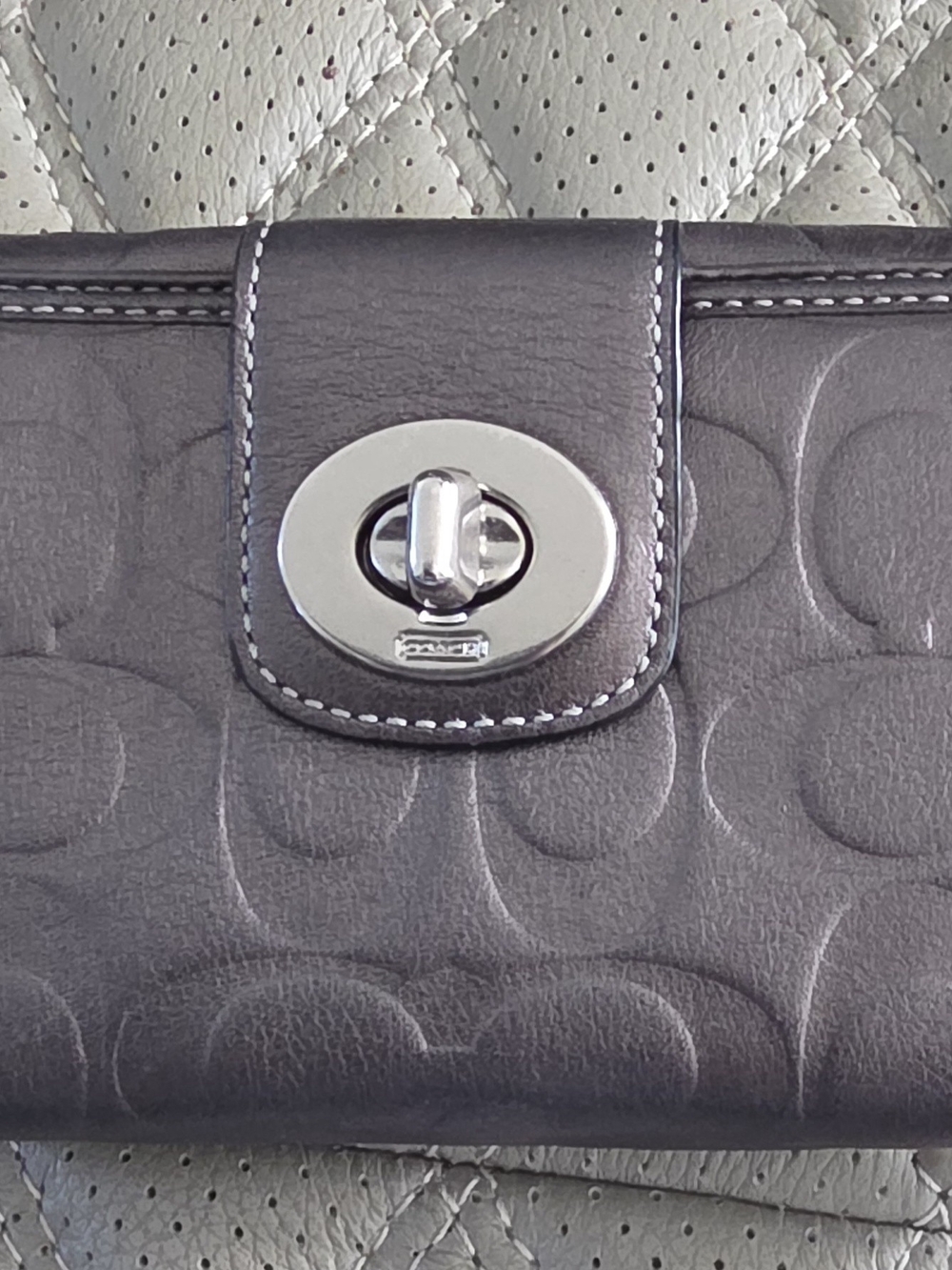 Coach Embossed Signature Leather Wallet - Gray with Silver Turn-Lock